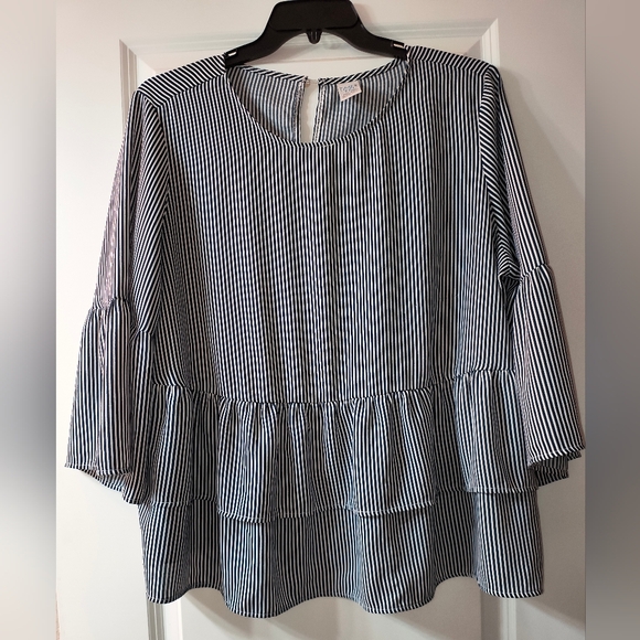 Blue & White Striped Tiered Ruffle Blouse – XXL (20) - Picture 1 of 4